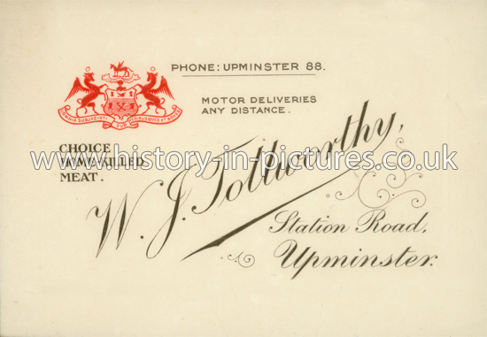 Busniess Card for W J Tollworthy, Station Road, Upminster, Essex. c.1920's